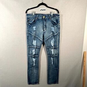 Argonaut Moto Biker Jeans Mens 34x32 Blue Denim Slim Ripped Distressed Stretch